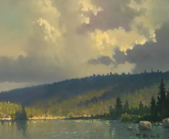 Impressionist landscape of a forested hillside along a calm lake under a cloudy sky, with soft greens and blues.