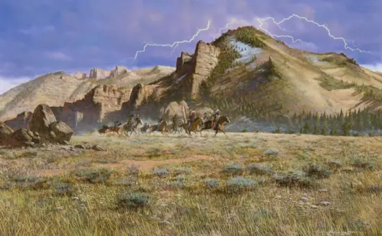 A group of riders on horseback charging across a field with a dramatic mountain backdrop and lightning in the sky.