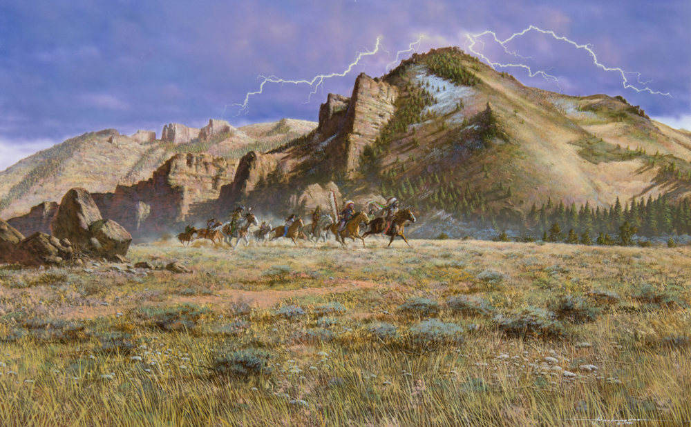 Group of riders on horseback galloping across a grassy plain with rocky hills and a lightning-filled sky ahead of them.