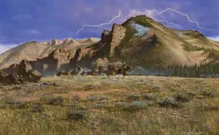 A group of riders on horseback charging across a grassy plain with rocky mountains and a lightning-filled sky in the background