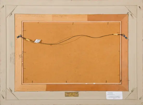 Rear view of a framed artwork, showing hanging wire across the back and labels on the frame edge