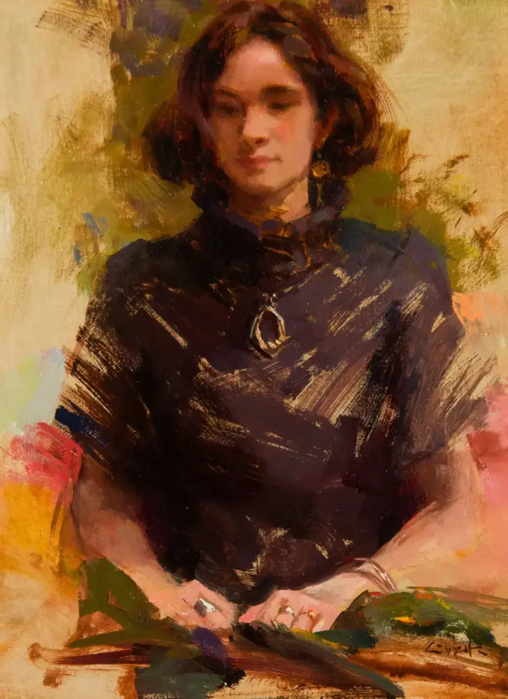 Portrait of a woman with short dark hair in a dark blouse, painted in an impressionistic, textured style with warm background tones.