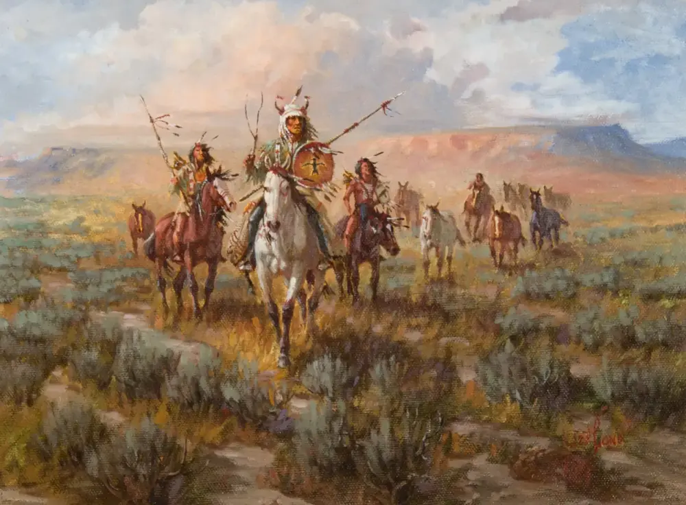 A group of Native American riders on horses crossing a desert plain, led by a central figure with a shield and spear, against canyon and sky.