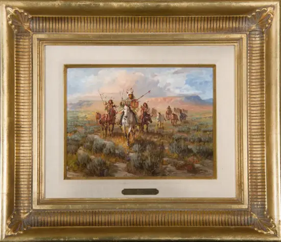 Framed painting of horseback riders crossing a desert plain toward the horizon at sunset.