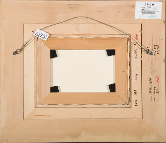 Back of a wooden stretched canvas with hanging wire, corner braces, and handwritten notes along the frame.
