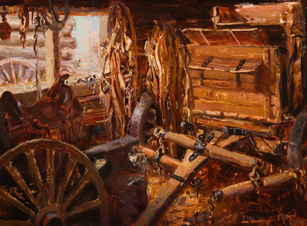 Cluttered blacksmith shop interior with hanging chains, wooden benches, and large iron wheels in warm, rusty tones.