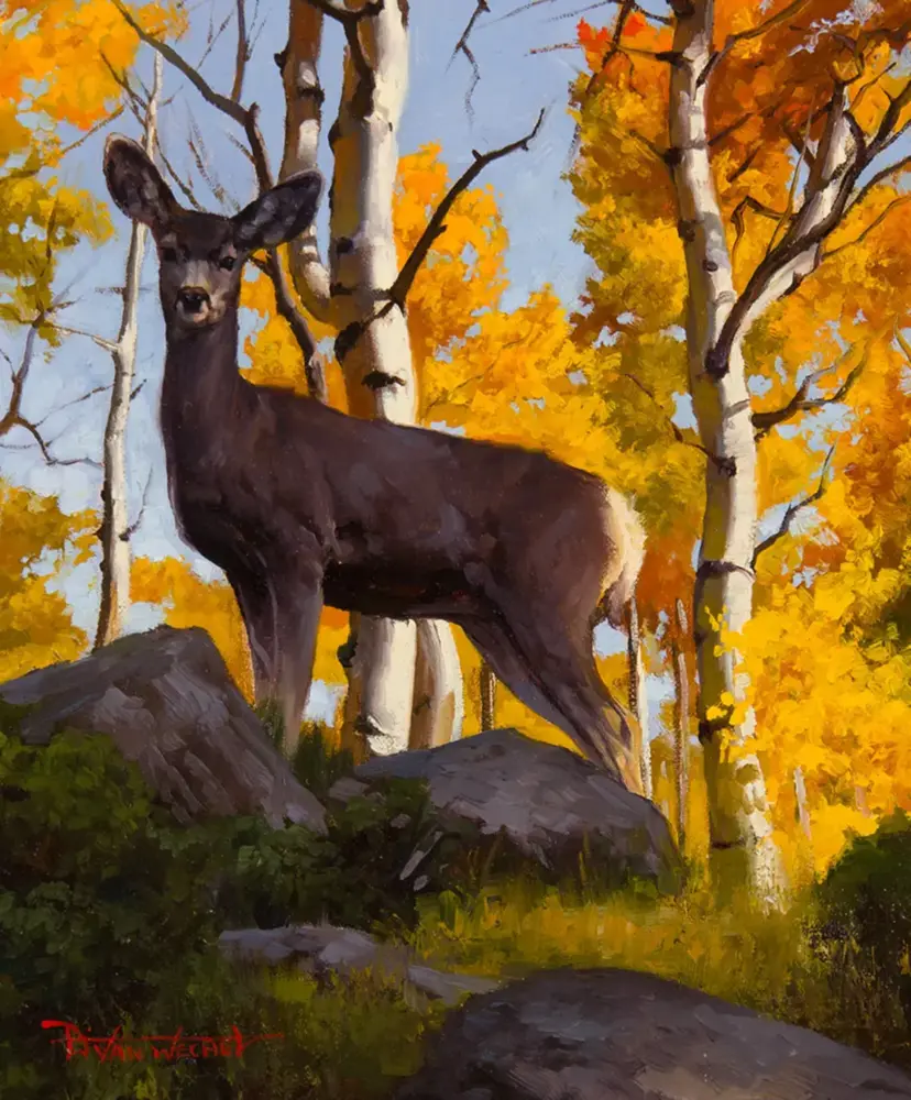 Oil painting of a dark deer standing on a rock in an autumn aspen forest with bright yellow leaves.