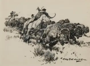 Ink sketch of riders on horseback charging over a rocky battlefield, figures in motion.