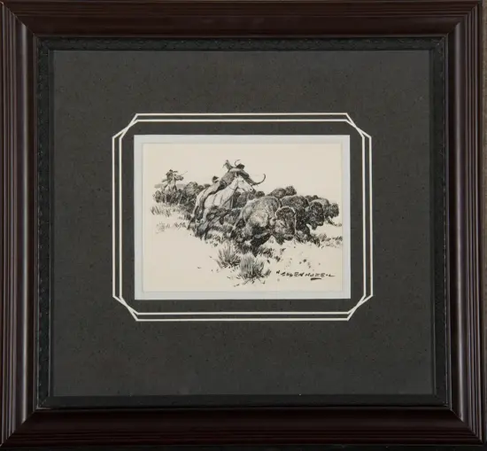 Framed black mat with a small black-and-white sketch of cowboys on horseback herding cattle.