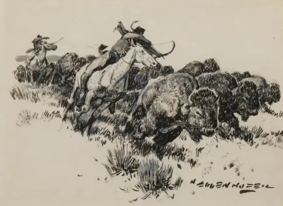Ink sketch of riders on horseback charging over a rocky battlefield, figures in motion.