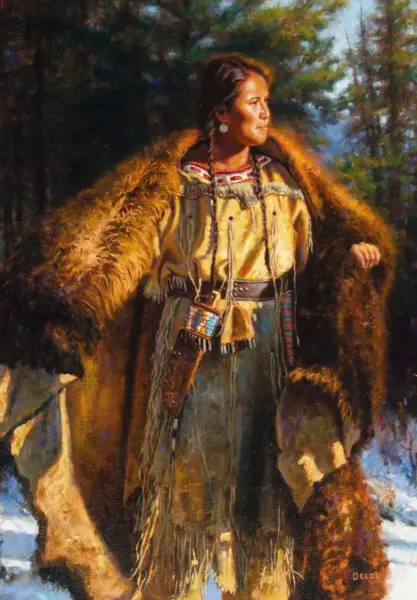 Portrait of a Native American woman in a fur mantle and fringed buckskin dress, standing in a forest.
