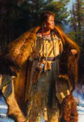 Native American woman in a fur shawl and fringed buckskin dress, standing in a forested setting.