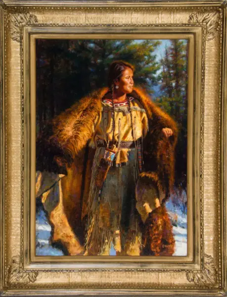 Portrait of a Native American woman in a fur robe and beaded sash, standing in a forest setting.