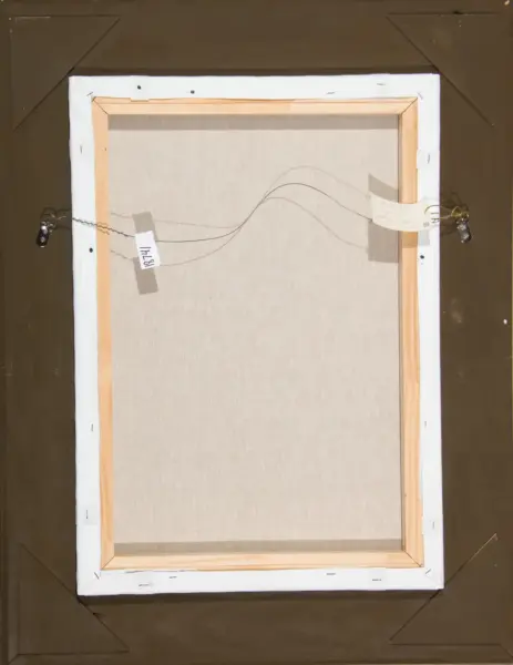 Back of a stretched canvas painting showing wooden stretcher bars, white frame edge, and hanging wires with labeled tags.