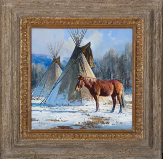 Brown horse standing in snow beside a row of tipis in a wintry landscape, within a rustic framed painting.