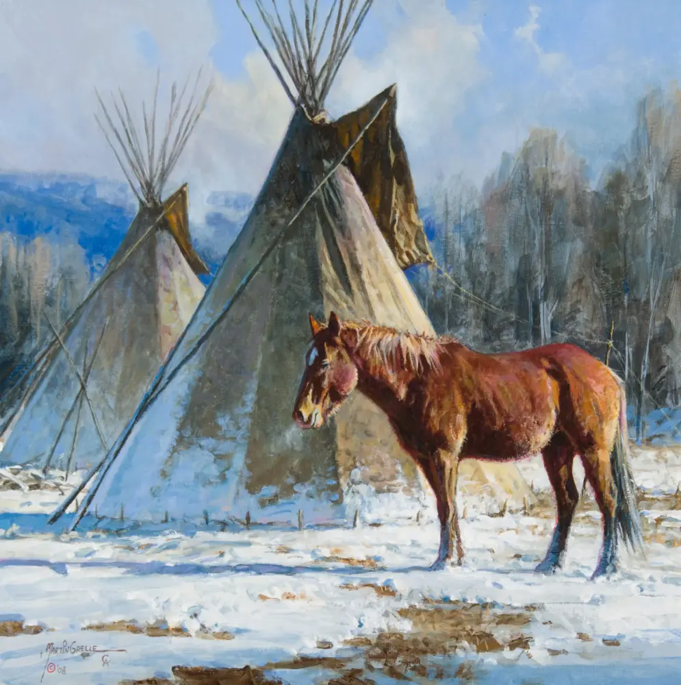 Impressionistic winter scene with a brown dog in the snow and several teepees against a blue sky.