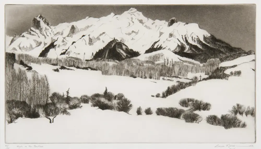 Snowy mountain range with jagged peaks and snow-covered slopes, foreground filled with bare trees and brush in a wintry landscape.