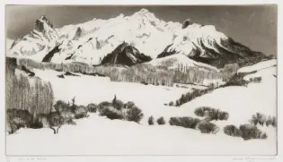 Snowy mountain range with jagged peaks and snow-covered slopes, foreground filled with bare trees and brush in a wintry landscape.