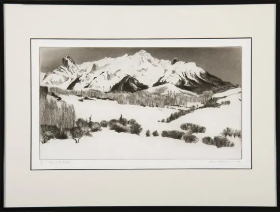 Monochrome drawing of snow-covered mountains with bare trees in the foreground, framed for display.