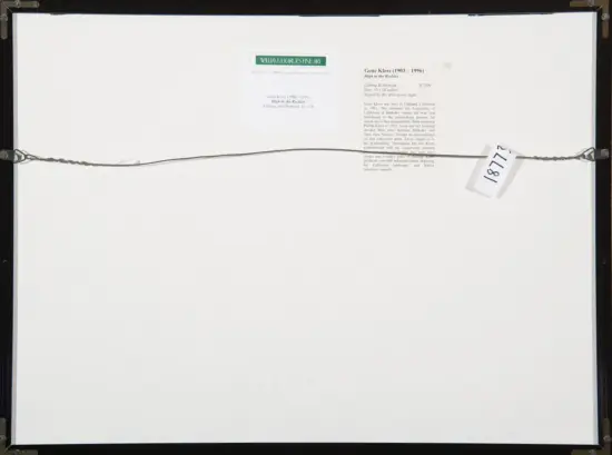 Back of a framed artwork with a horizontal hanging wire and small labels near the top center; a white tag on the right reads 1877.