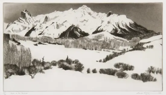 Snowy mountain range with jagged peaks and snow-covered slopes, foreground filled with bare trees and brush in a wintry landscape.