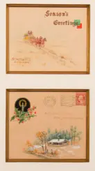 Two framed vintage postcards: top card says 'Season's Greetings' with a horse-drawn sleigh in a snowy landscape; bottom card shows a winter cabin scene with trees and flowers and a decorative sun motif.