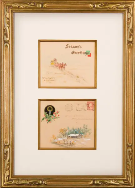 Framed display of two vintage postcards: top card reads 'Season's Greetings' with a horse-drawn sleigh; bottom shows a snowy scene with flowers and a postmark.