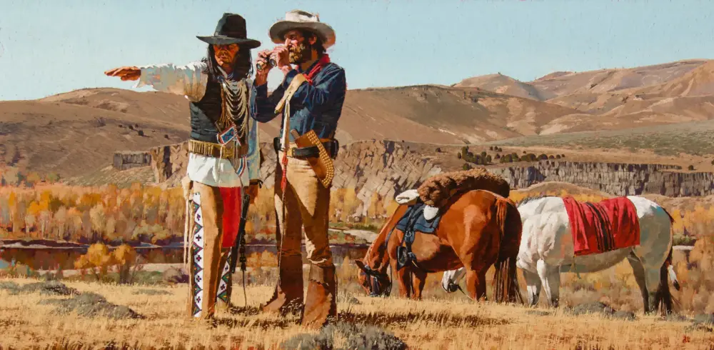 Two cowboys in hats and vests with saddled horses in a desert canyon; one points ahead while the other looks through binoculars.