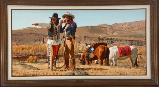 Two cowboys in a Western landscape, one pointing toward the distance while the other peers through a spyglass, with horses saddled nearby.