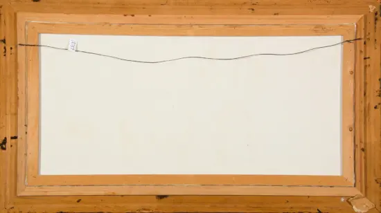 Back of a stretched canvas in a natural wood frame, with a hanging wire across the top edge.