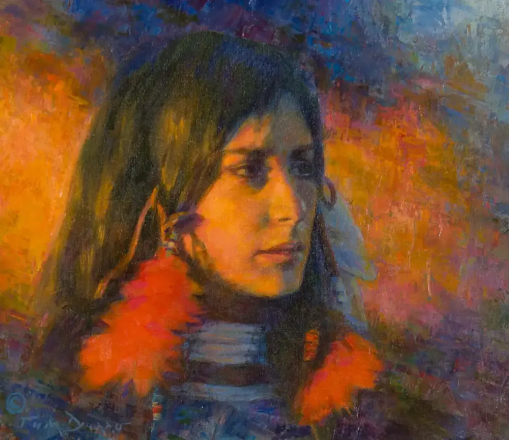 Abstract portrait of a woman with dark hair and an orange scarf against a multicolored painterly background, impressionist style.