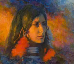 Abstract portrait of a woman with dark hair and an orange scarf against a multicolored painterly background, impressionist style.
