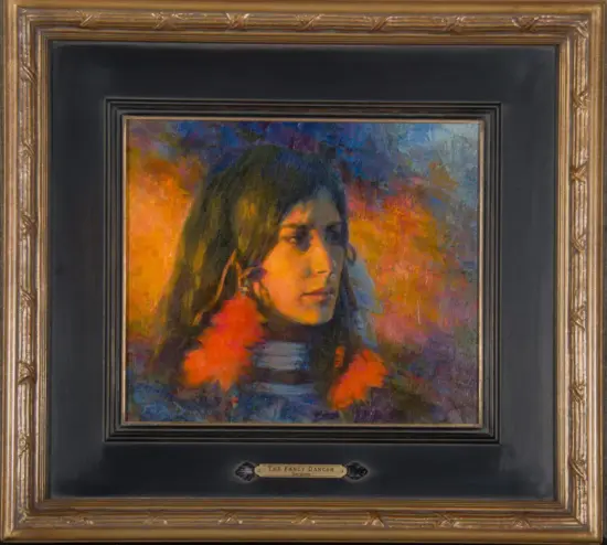 Portrait of a young woman with dark hair, facing left, wearing a bright orange floral scarf in an impressionistic portrait framed in a dark, ornate frame.
