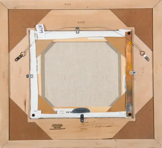 Back of a stretched canvas on a wooden frame, showing wire hanging hardware, corner braces, and the centered linen painting.