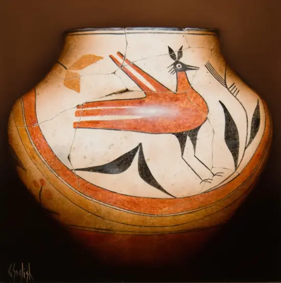 Ancient red-figure ceramic vase with a stylized red deer/gazelle outlined in black, plus cracks and a brown rim edge.