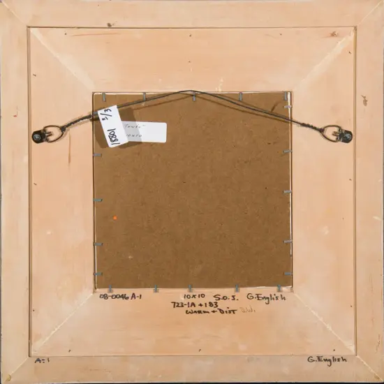 Back of framed artwork showing hanging wire and labels on brown backing frame edge cleaned with nails/screws visible along frame edges.