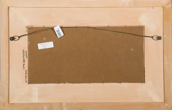 Back of a wooden picture frame with a brown backing panel, metal hanging wires on both sides, and small tags attached to the wire, suggesting cataloging or inventory.