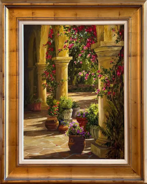 Oil painting of a sunlit courtyard with yellow stone columns, potted plants, and pink flowering vines framed in a gold frame.