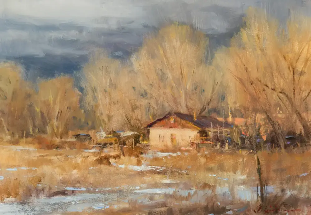 Autumn landscape painting of a small house among tall, leafless trees with a gray-blue sky above. Wet ground and a shallow pool reflect the scene.