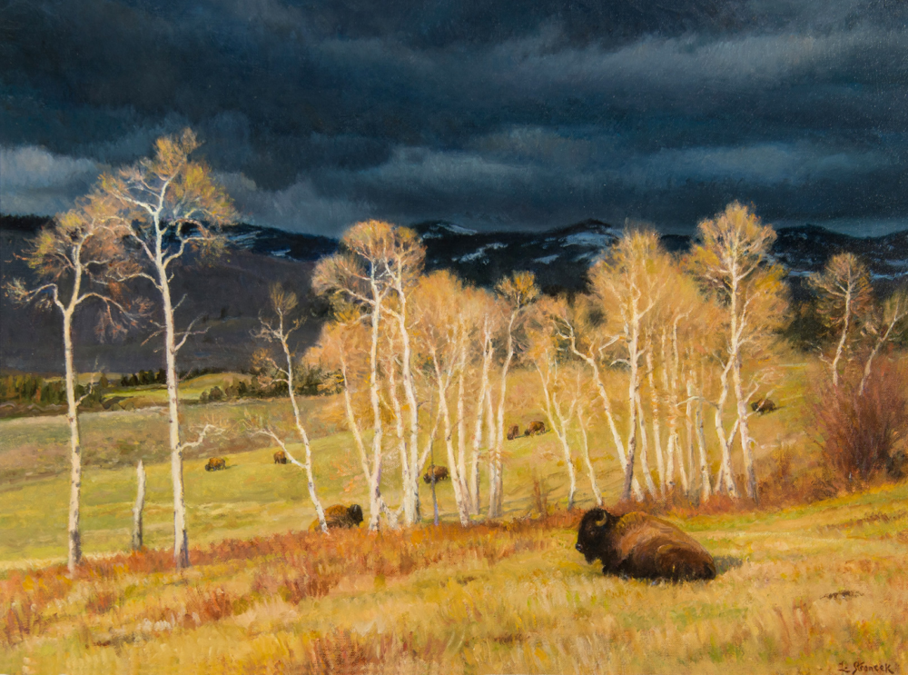Oil painting of a meadow with slender birch trees, grazing bison, and a dark stormy sky over distant mountains.