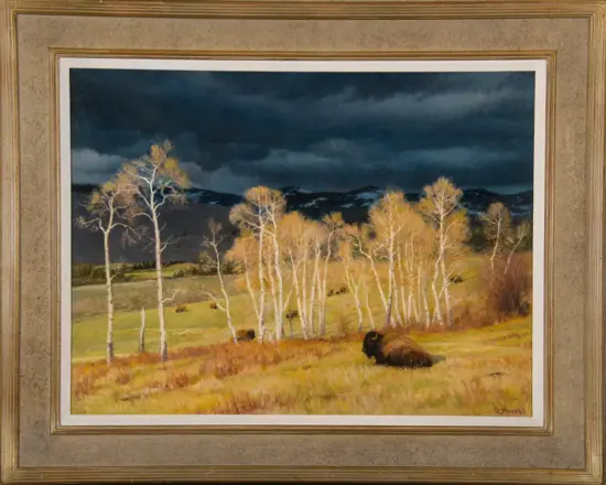 Framed landscape painting of tall birch trees in a sunlit meadow with a resting bison under a stormy sky.