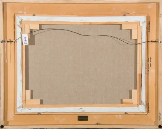 Back of a framed canvas painting: beige canvas on a wooden stretcher with a metal hanging wire across the top and a small tag on the left.