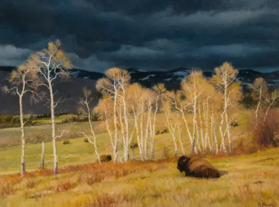 Oil painting of a field with tall white-barked aspen trees, a distant hill, and a dark stormy sky; a bison stands in the foreground.