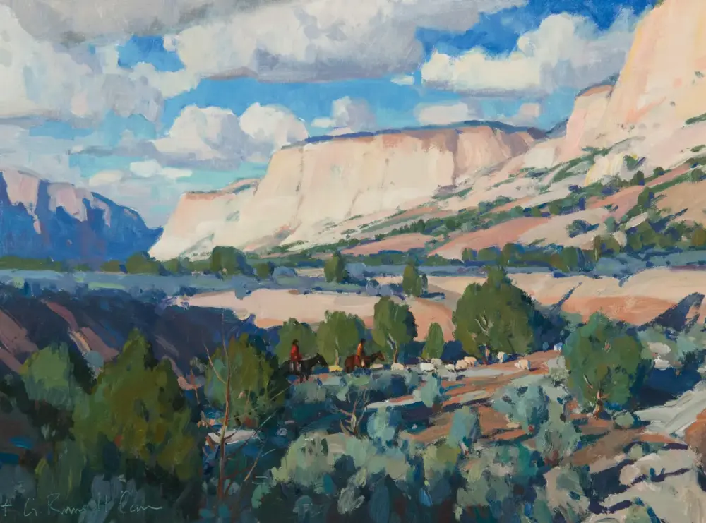 Impressionist landscape of a canyon with pale cliffs, blue sky, and two riders on horseback in the foreground.