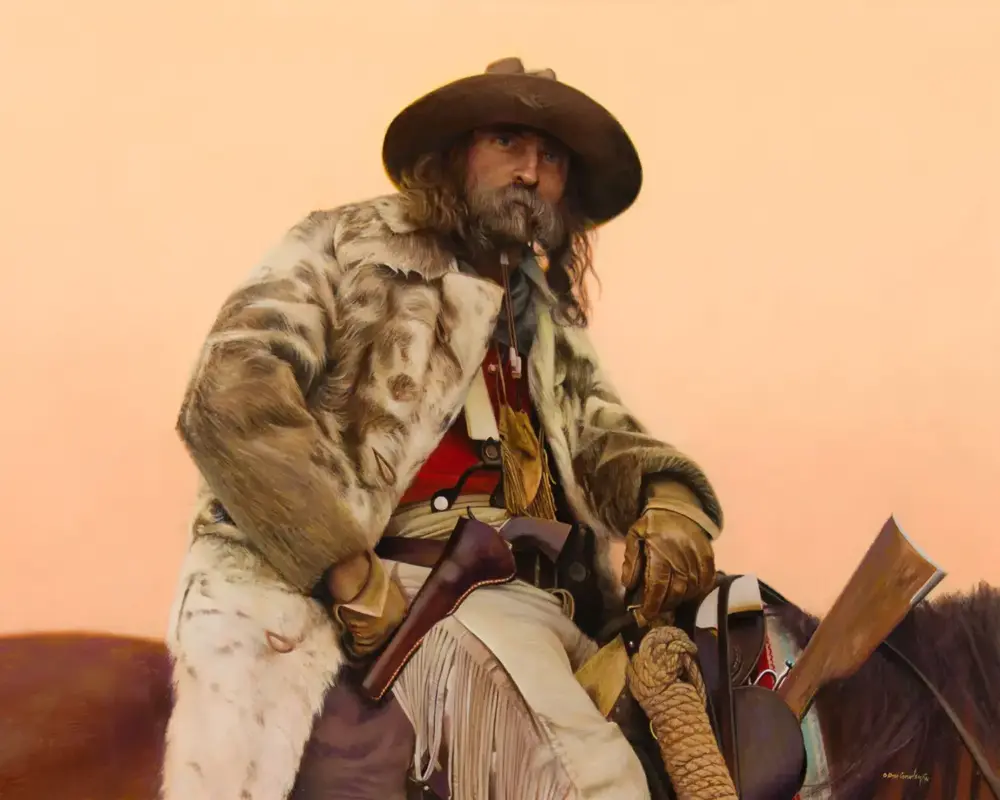 Cowboy on a horseback rider wearing a fur coat and wide-brim hat, gazing ahead at a desert sunset