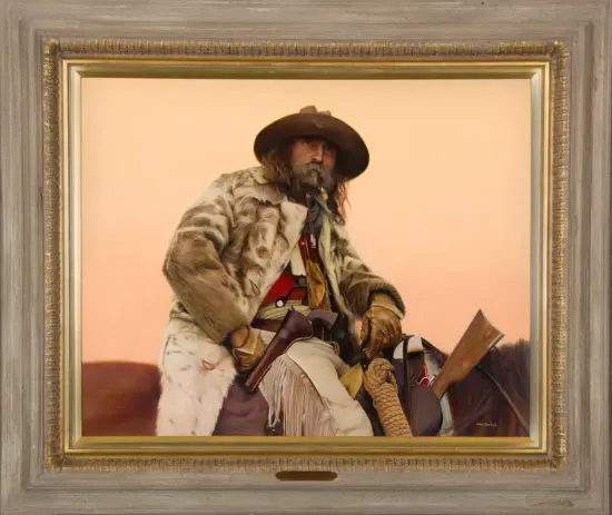 Portrait painting of a rugged cowboy in a fur coat on horseback, wearing a wide-brimmed hat and holding a rifle with gear at his side.