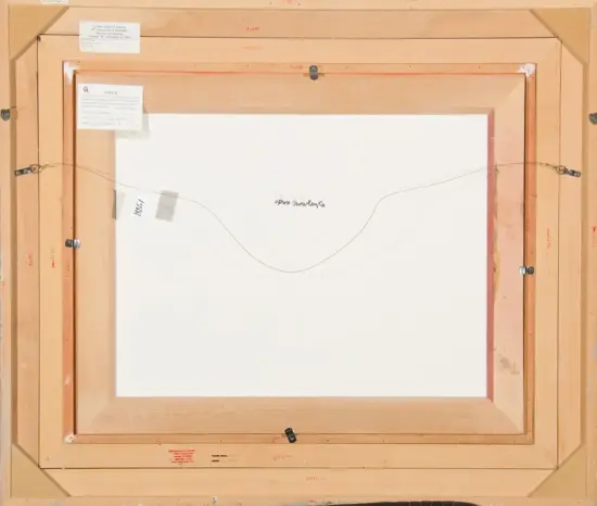 Back of framed canvas on a wooden stretcher; hanging wire runs across, with labels and notes along the edges.