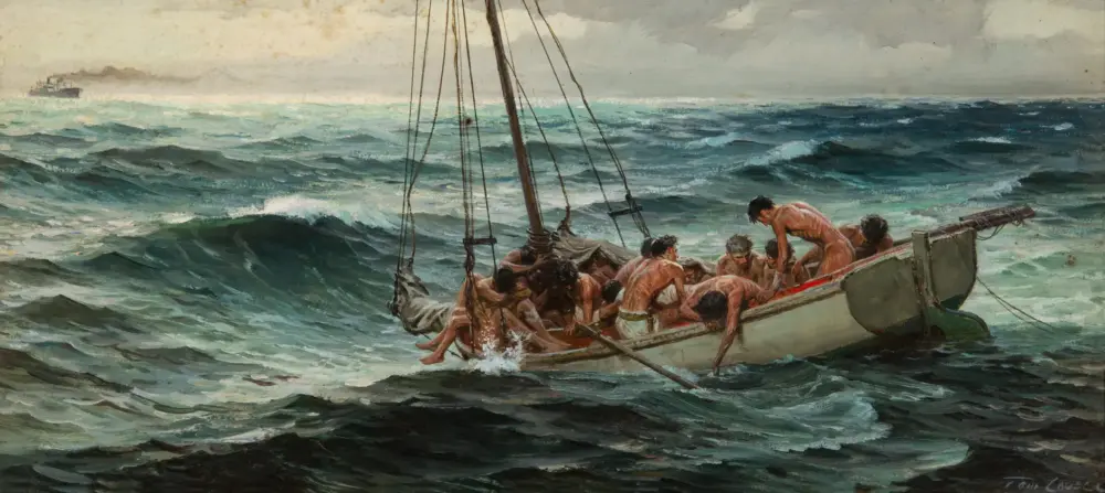 Painted scene of a crowded lifeboatful of naked men fighting rough, green-blue waves at sea with a distant ship on the horizon.