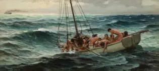 Painted scene of a crowded lifeboatful of naked men fighting rough, green-blue waves at sea with a distant ship on the horizon.