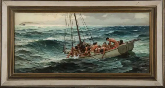 A group of sailors huddled in a small boat battling rough ocean waves under a gray, cloudy sky.
